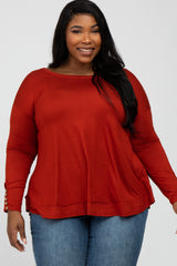 Rust Button Accent Long Sleeve Maternity Plus Top