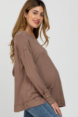 Mocha Button Accent Long Sleeve Maternity Top