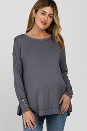 Grey Button Accent Long Sleeve Maternity Top