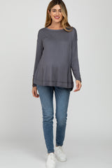 Grey Button Accent Long Sleeve Maternity Top