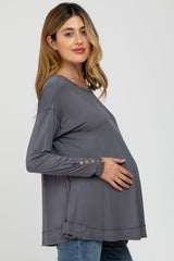 Grey Button Accent Long Sleeve Maternity Top