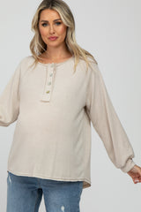 Beige Long Sleeve Button Front Maternity Top