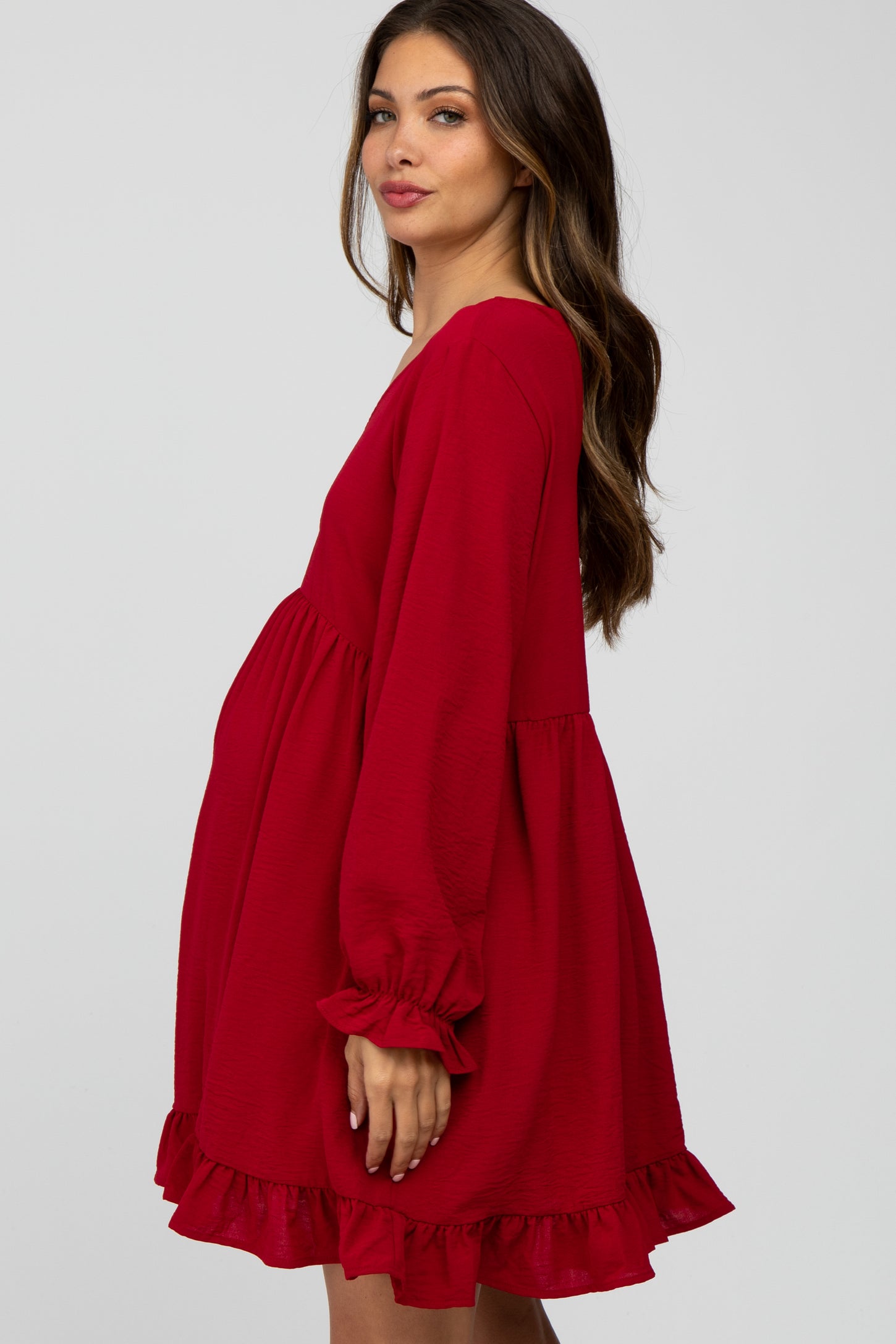 Red Ruffle Ruched Long Sleeve Maternity Maxi Dress– PinkBlush
