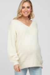 Cream Fuzzy V-Neck Maternity Sweater