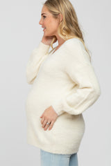 Cream Fuzzy V-Neck Maternity Sweater