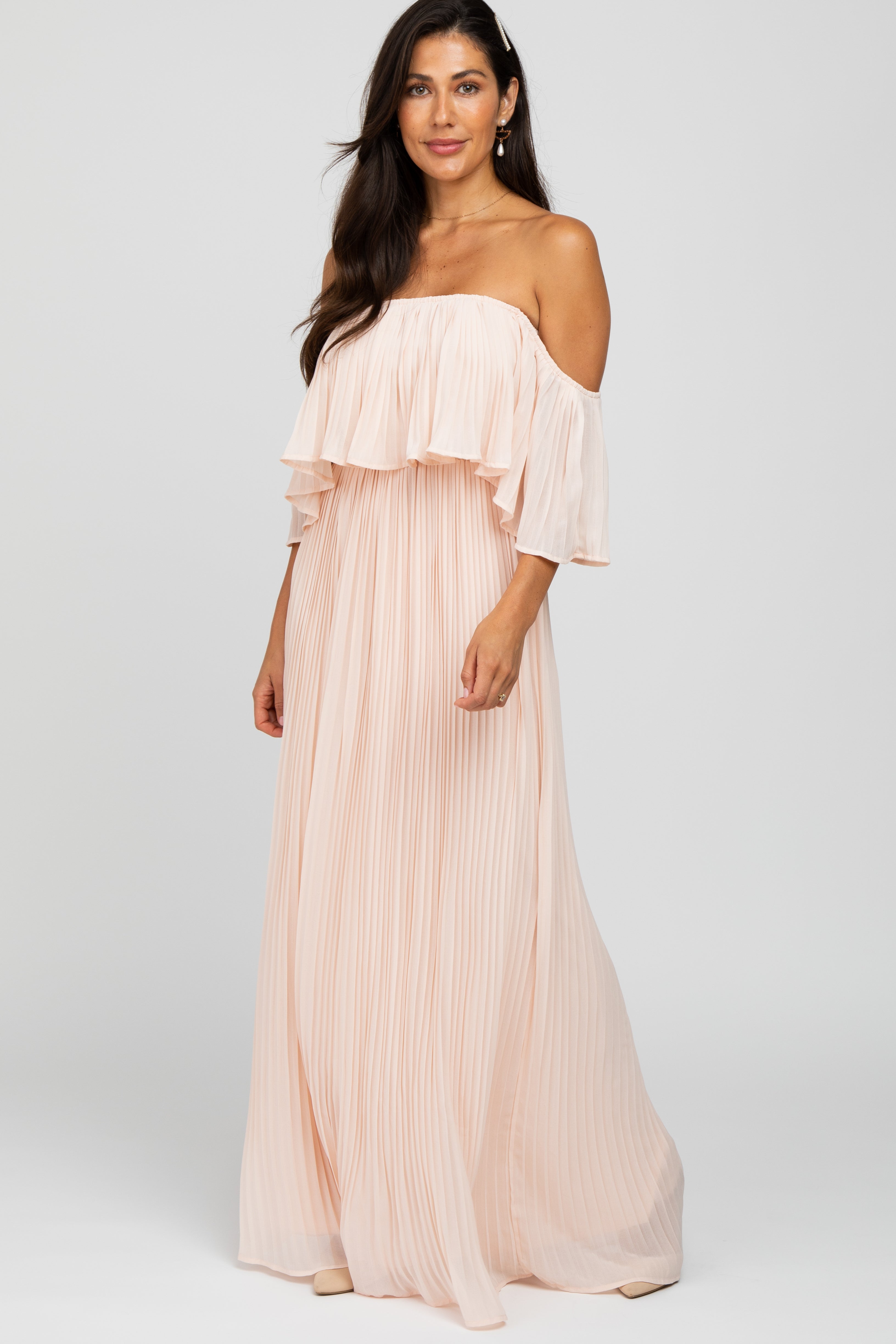 Blush off the shoulder maxi clearance dress