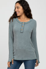 Dusty Blue Ribbed Button Accent Top