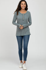 Dusty Blue Ribbed Button Accent Top