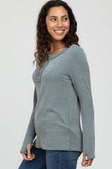 Dusty Blue Ribbed Button Accent Top