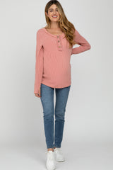 Pink Ribbed Button Accent Maternity Top