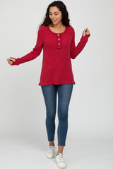 Red Ribbed Button Accent Top