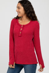 Red Ribbed Button Accent Top