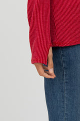 Red Ribbed Button Accent Top