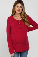 Red Ribbed Button Accent Maternity Top