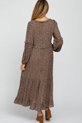 Brown Floral Button Ruffle Accent Maternity Dress