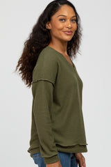 Olive Waffle Knit V-Neck Top