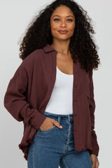 Brown Button Front Collared Frayed Hem Maternity Top