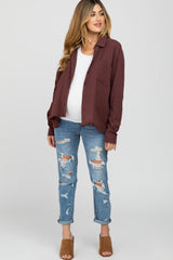 Brown Button Front Collared Frayed Hem Maternity Top