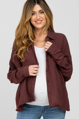 Brown Button Front Collared Frayed Hem Maternity Top