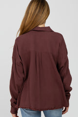 Brown Button Front Collared Frayed Hem Maternity Top