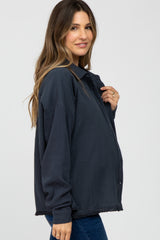 Charcoal Button Front Collared Frayed Hem Maternity Top