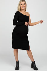 Black One Shoulder Side Slit Maternity Midi Dress