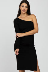 Black One Shoulder Side Slit Midi Dress