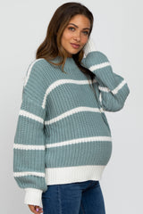 Mint Green High Neck Striped Maternity Knit Sweater