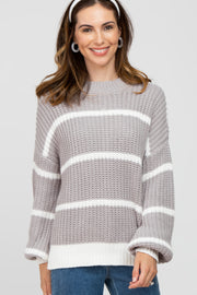 Grey High Neck Striped Knit Sweater