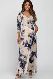 Taupe Navy Floral Maternity Wrap Maxi Dress