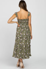 Olive Floral Ruffle Tiered Maternity Midi Dress