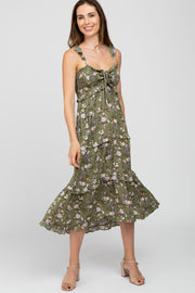 Olive Floral Ruffle Tiered Midi Dress