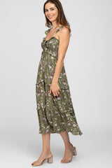 Olive Floral Ruffle Tiered Midi Dress