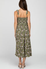 Olive Floral Ruffle Tiered Midi Dress