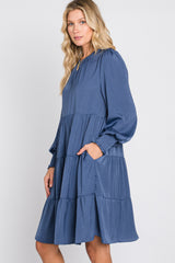 Blue Ruffle Neck Tiered Dress