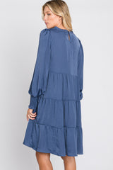 Blue Ruffle Neck Tiered Dress