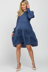 Blue Ruffle Neck Tiered Maternity Dress