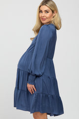 Blue Ruffle Neck Tiered Maternity Dress