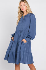 Blue Ruffle Neck Tiered Dress