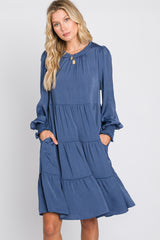 Blue Ruffle Neck Tiered Dress