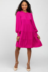 Fuchsia Ruffle Neck Tiered Dress