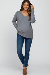 Grey V-Neck Knit Maternity Top