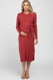 Red Ribbed Knit Waist Tie Side Slit Maternity Dress