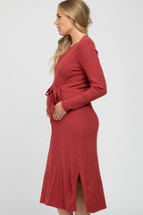 Red Ribbed Knit Waist Tie Side Slit Maternity Dress