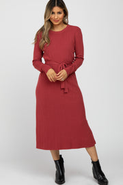 Red Ribbed Knit Waist Tie Side Slit Dress