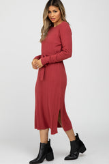 Red Ribbed Knit Waist Tie Side Slit Dress