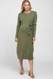 Light Olive Ribbed Knit Waist Tie Side Slit Maternity Dress