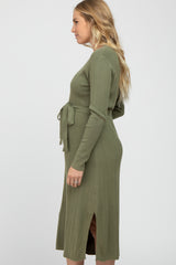 Light Olive Ribbed Knit Waist Tie Side Slit Maternity Dress