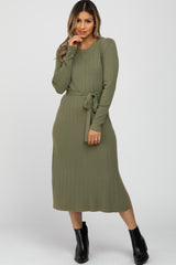 Light Olive Ribbed Knit Waist Tie Side Slit Dress