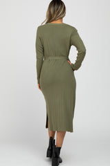 Light Olive Ribbed Knit Waist Tie Side Slit Dress